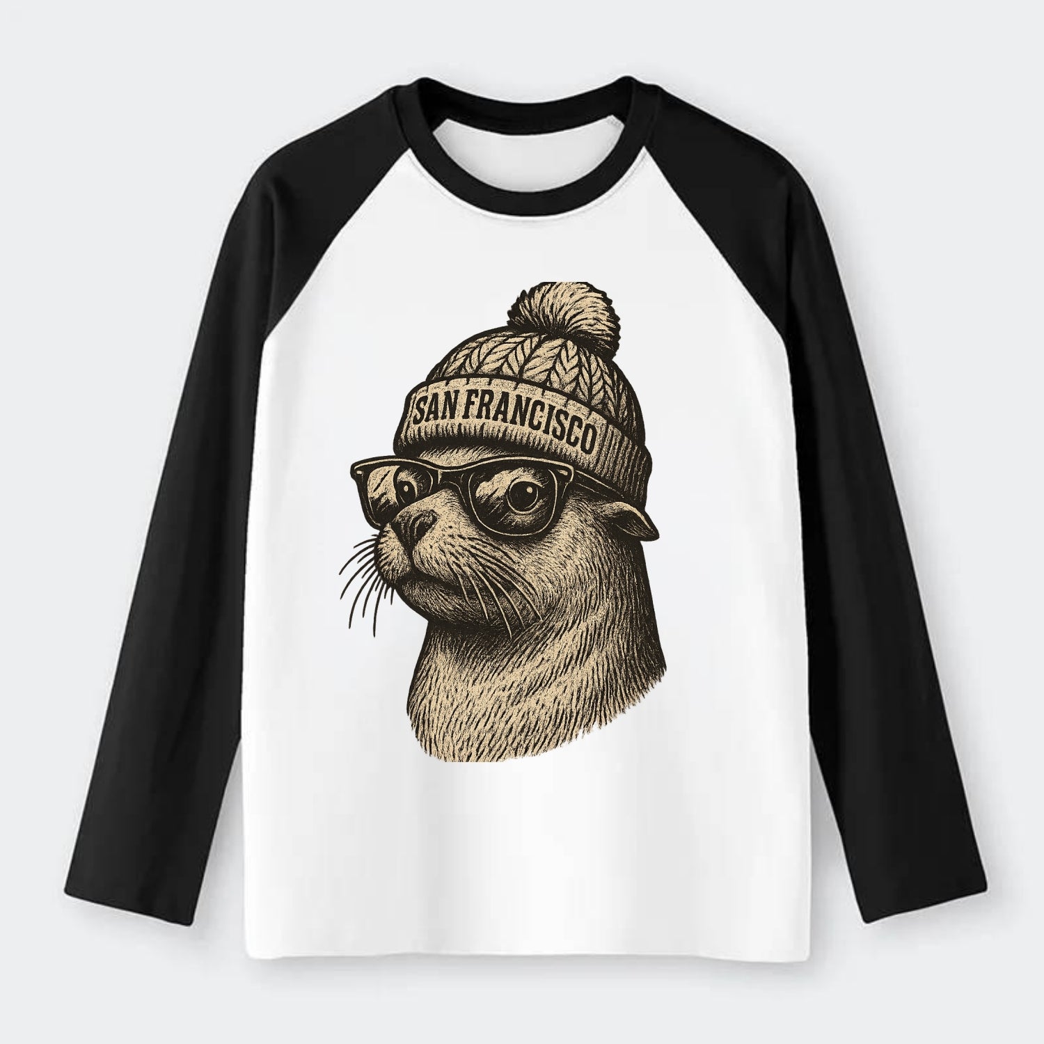 San Francisco Sea Lion wearing San Francisco beanie with pom pom and - Raglan Long Sleeve T-Shirt - Black