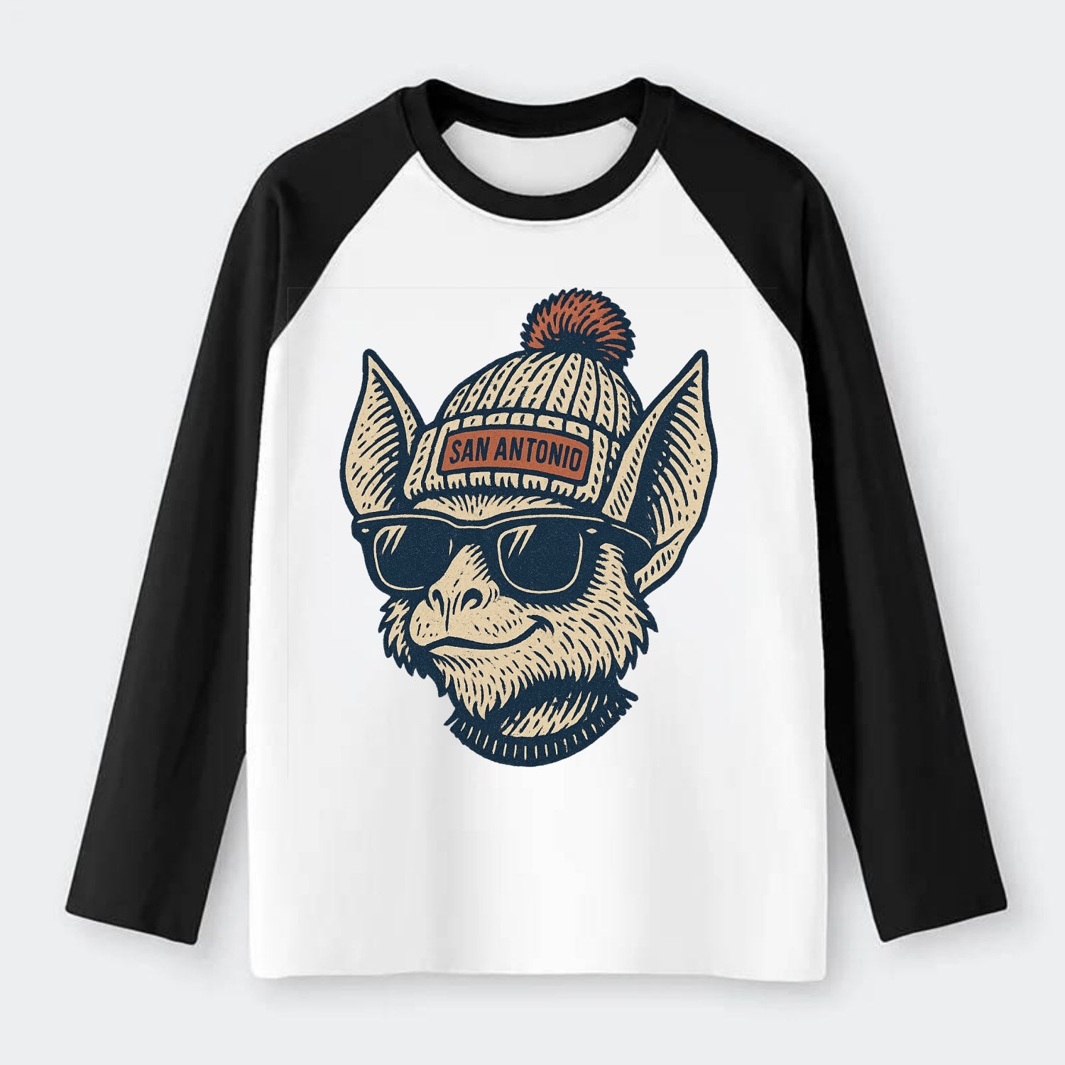 San Antonio Bat wearing San Antonio beanie with pom pom and wayfarer - Raglan Long Sleeve T-Shirt - Black