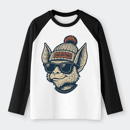San Antonio Bat wearing San Antonio beanie with pom pom and wayfarer - Raglan Long Sleeve T-Shirt - Black