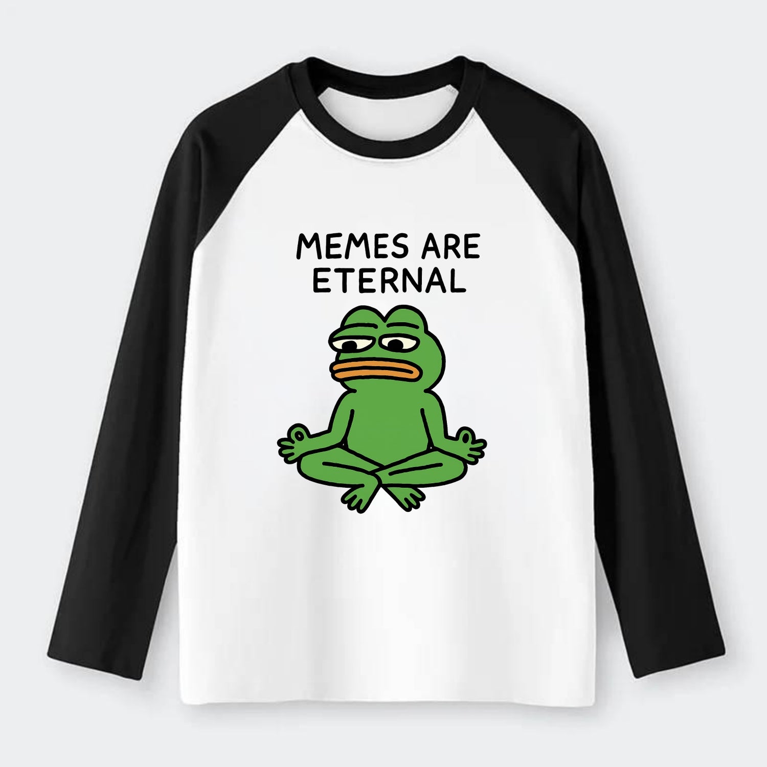MEMES ARE ETERNAL | Immortal pepe meditating - Raglan Long Sleeve T-Shirt - Black