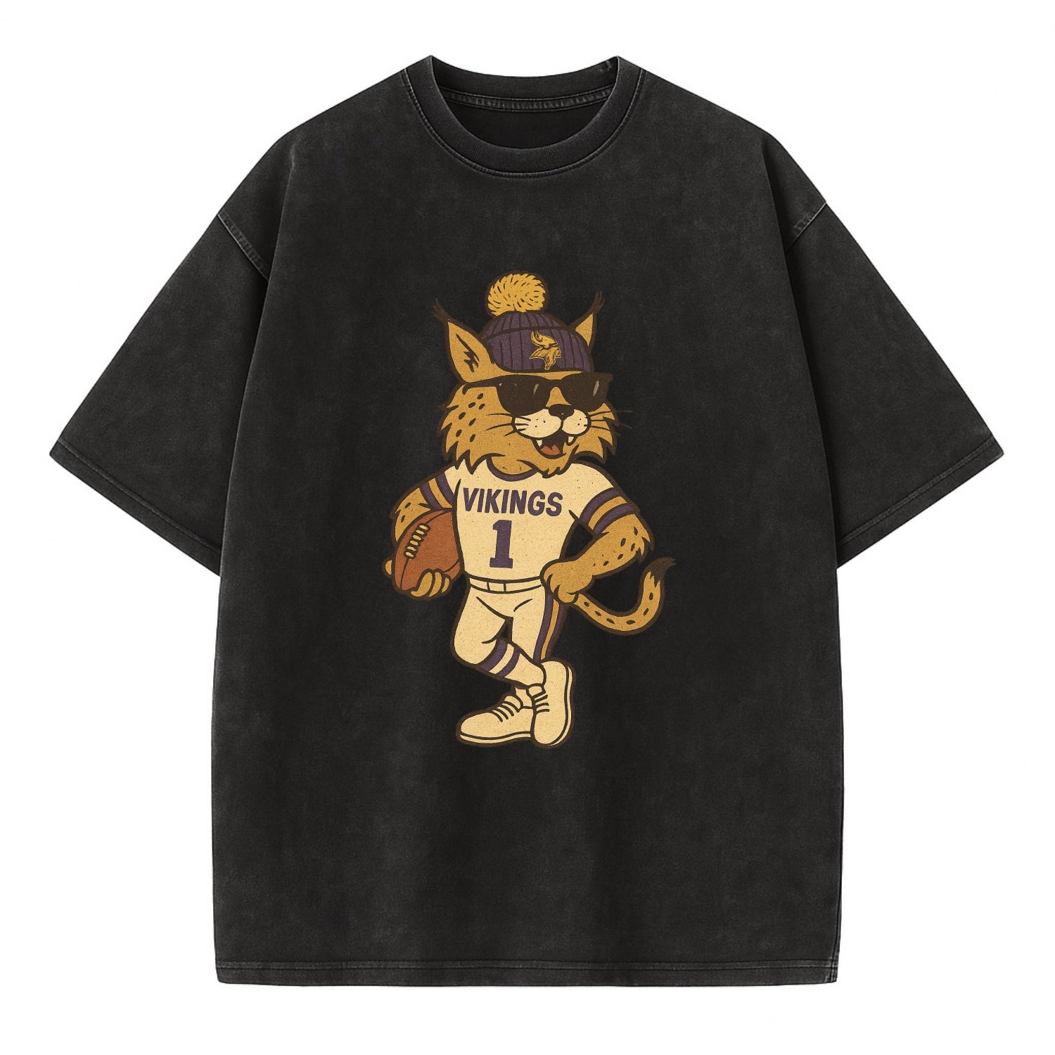 Minneapolis Lynx wearing Vikings beanie with Norse patch and wayfarer sunglasses - Vintage T-shirt - Black