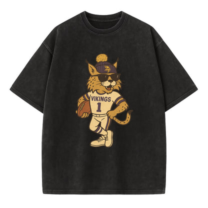 Minneapolis Lynx wearing Vikings beanie with Norse patch and wayfarer sunglasses - Vintage T-shirt - Black