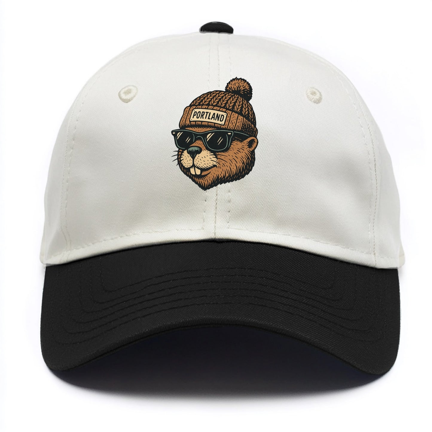 Portland Beaver wearing Portland beanie with pom pom and wayfarer sunglasses - Two Tone Cap - Black