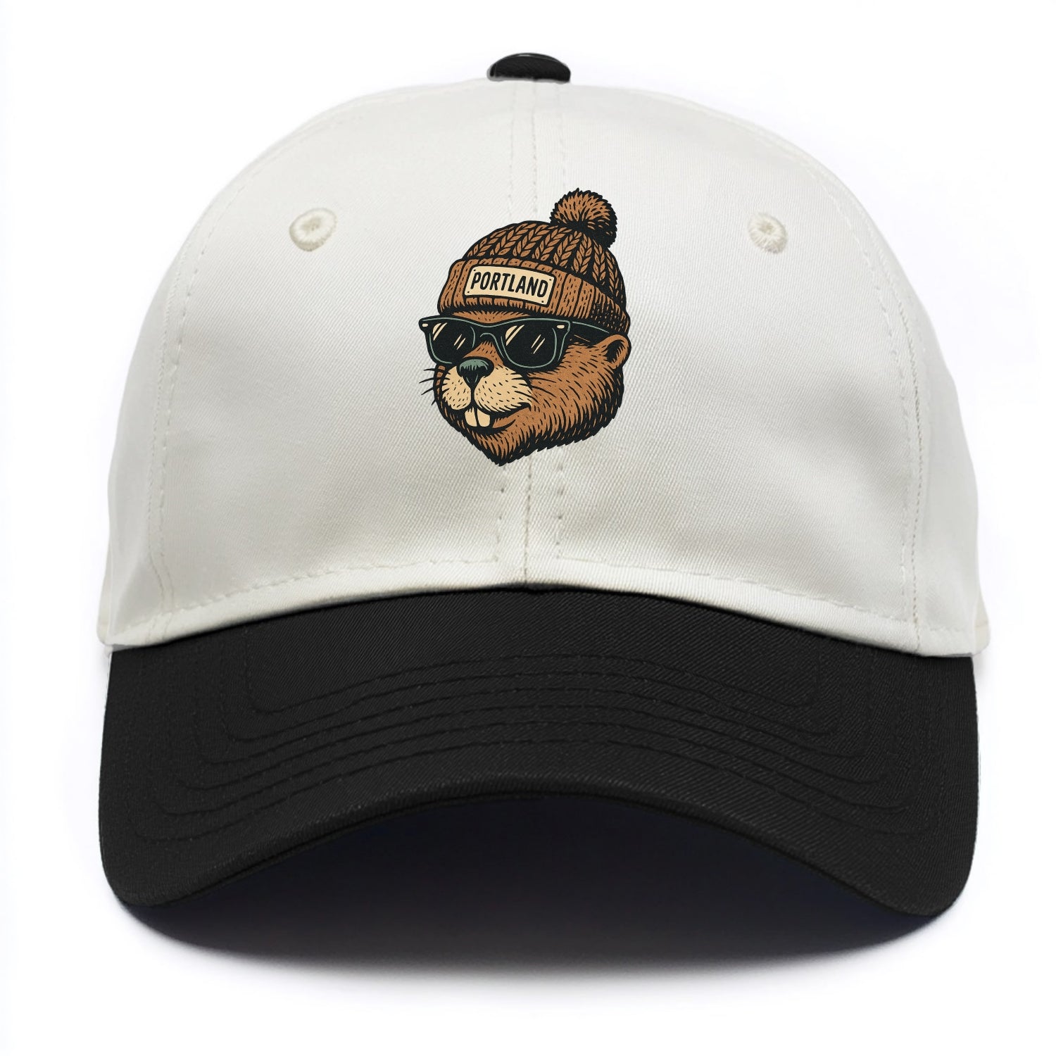 Portland Beaver wearing Portland beanie with pom pom and wayfarer sunglasses - Two Tone Cap - Black