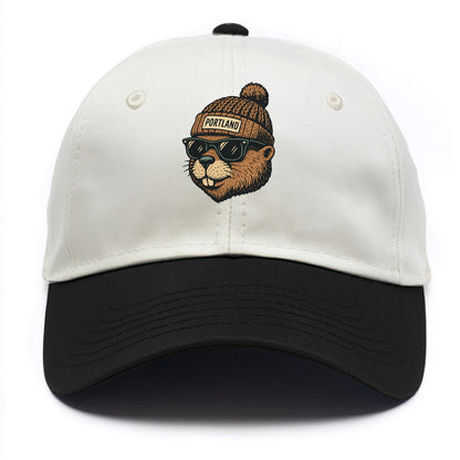 Portland Beaver wearing Portland beanie with pom pom and wayfarer sunglasses - Two Tone Cap - Black