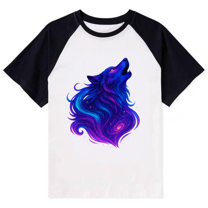 Noble wolf with flowing fur that transforms into aurora borealis streams, - Contrast Raglan T-shirt - Black
