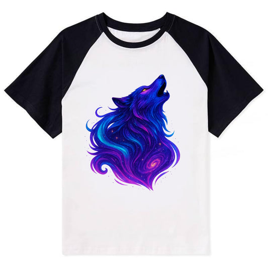 Noble wolf with flowing fur that transforms into aurora borealis streams, - Contrast Raglan T-shirt - Black