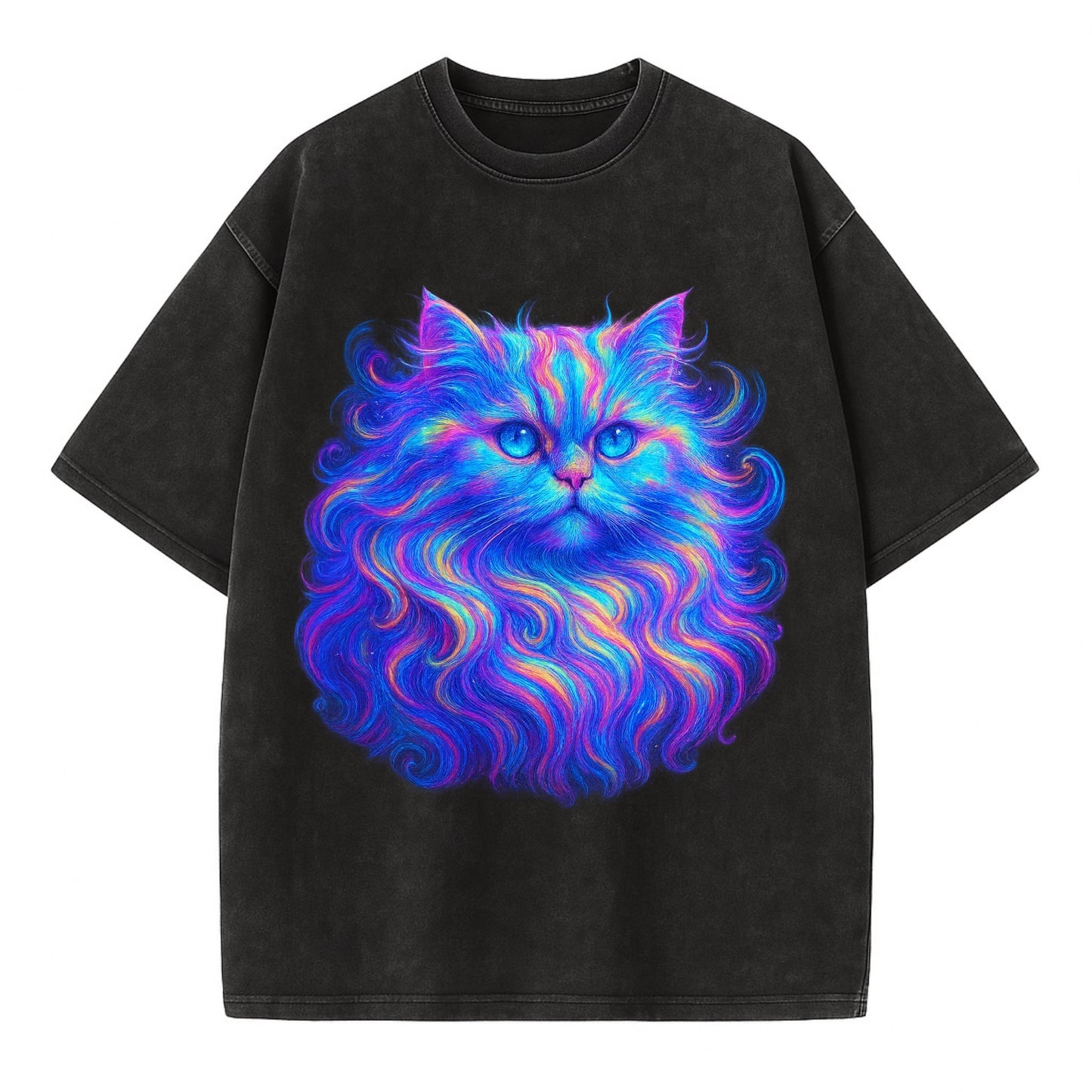 Luxurious Persian cat with flowing fur that refracts into rainbow prisms, soft - Vintage T-shirt - Black