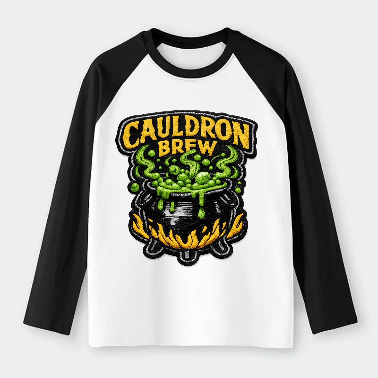 CAULDRON BREW - bubbling pot in black and green , witch craft - Raglan Long Sleeve T-Shirt - Black
