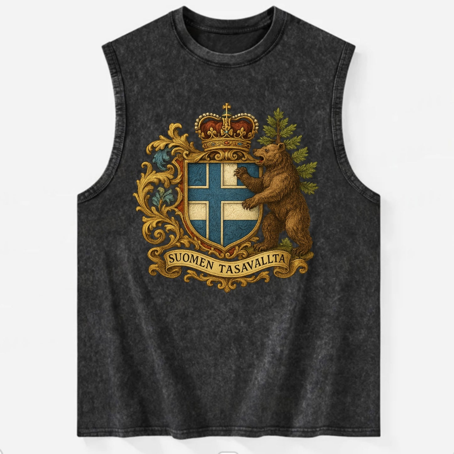 Finland Brown Bear Emblem  - Vintage Washed Tank - Black