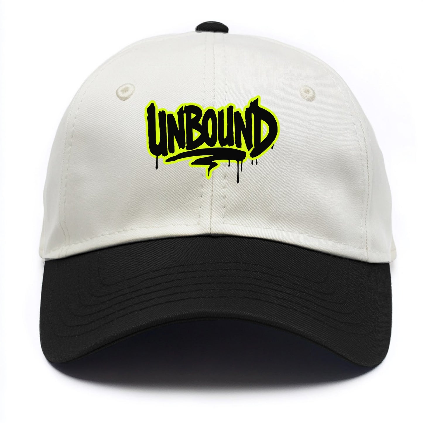 Bold typography design - "UNBOUND" - without limits, free from constraints - Two Tone Cap - Black