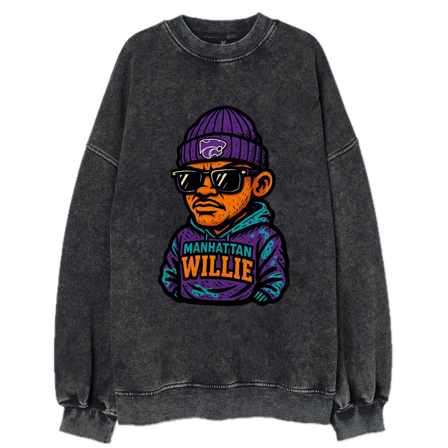 Manhattan Willie wearing Kansas State beanie with powercat patch - Vintage Sweatshirt - Black