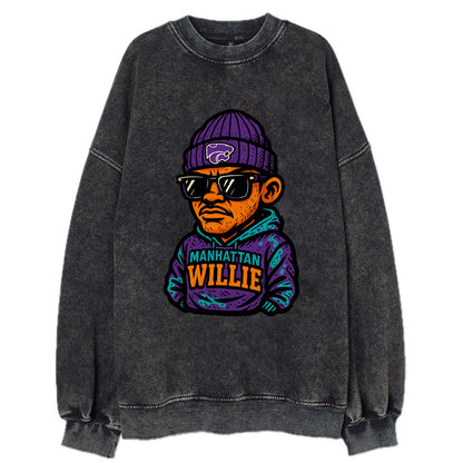 Manhattan Willie wearing Kansas State beanie with powercat patch - Vintage Sweatshirt - Black