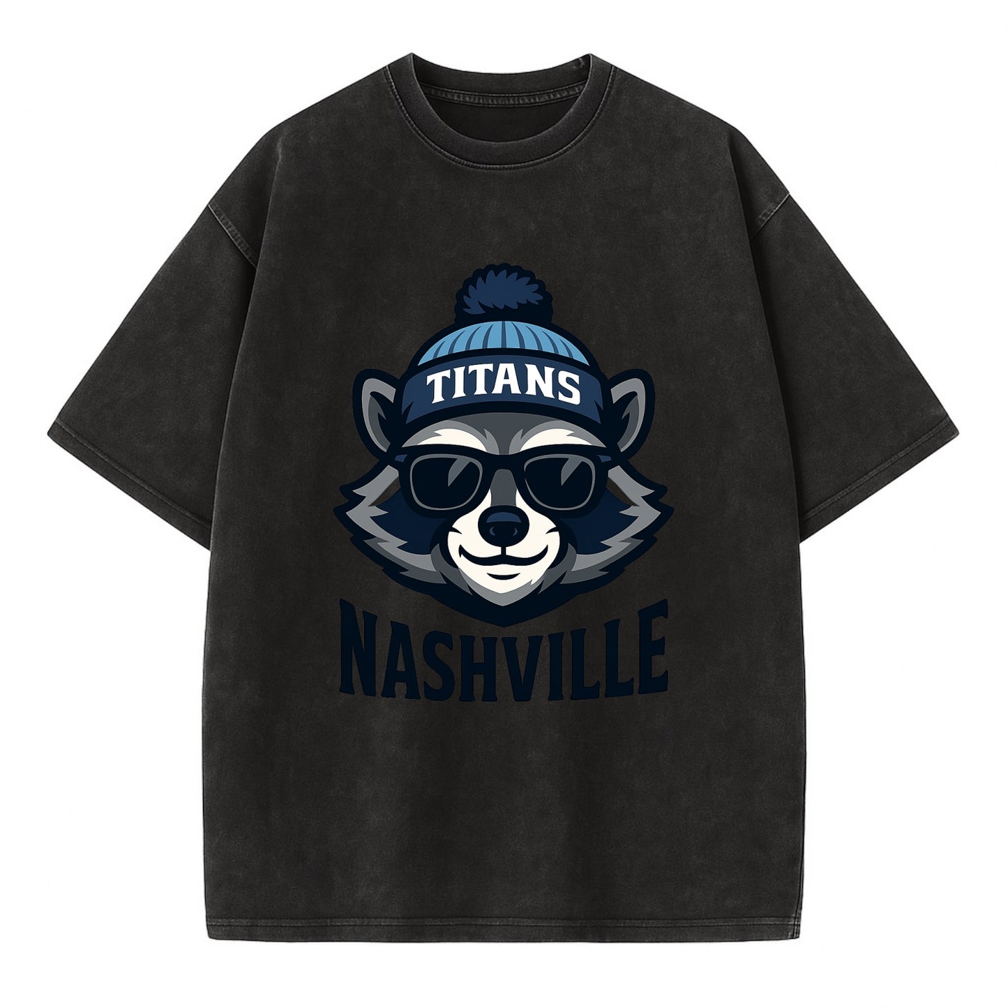Nashville Raccoon wearing Titans navy and light blue beanie with pom pom and - Vintage T-shirt - Black