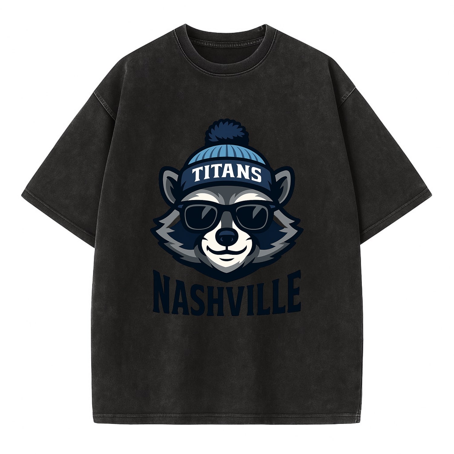 Nashville Raccoon wearing Titans navy and light blue beanie with pom pom and - Vintage T-shirt - Black