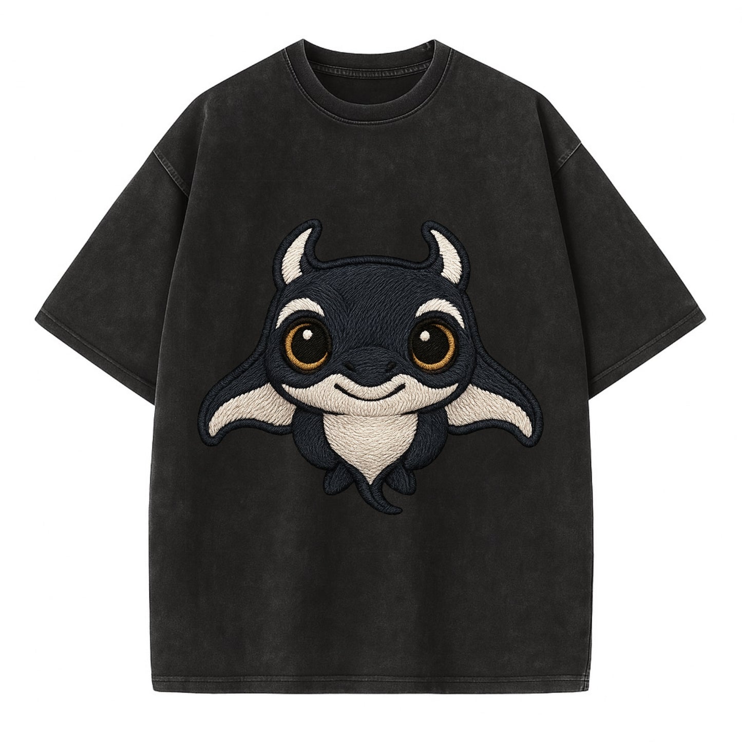 Baby Manta Ray - dark with white markings, cephalic fins, gentle eyes, - Vintage T-shirt - Black