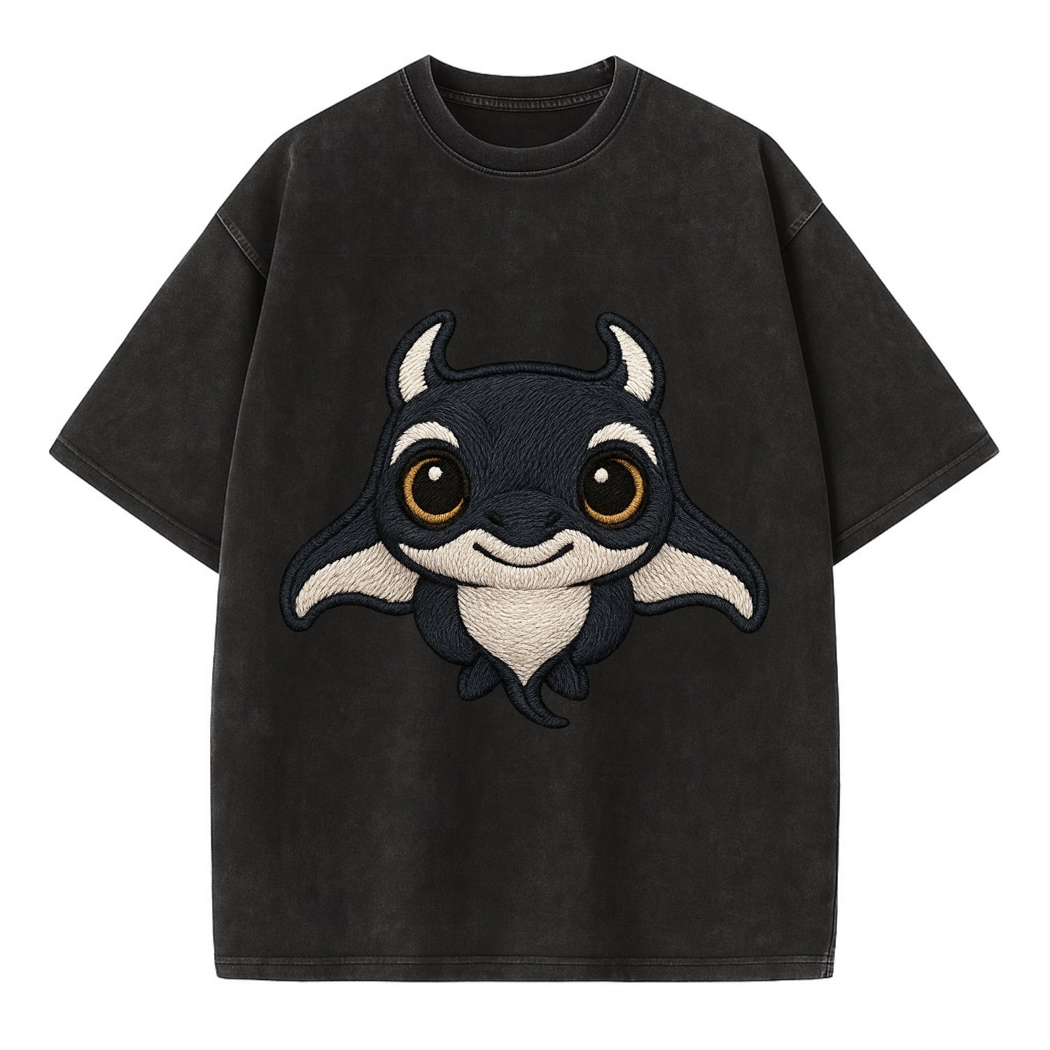 Baby Manta Ray - dark with white markings, cephalic fins, gentle eyes, - Vintage T-shirt - Black