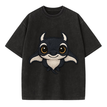 Baby Manta Ray - dark with white markings, cephalic fins, gentle eyes, - Vintage T-shirt - Black