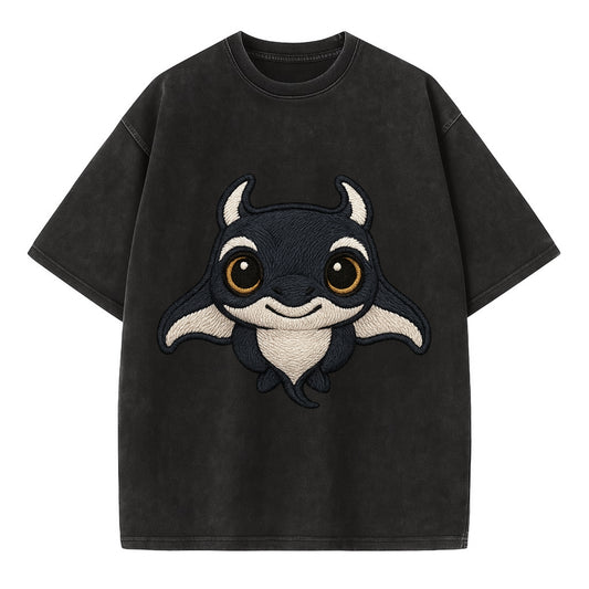 Baby Manta Ray - dark with white markings, cephalic fins, gentle eyes, - Vintage T-shirt - Black