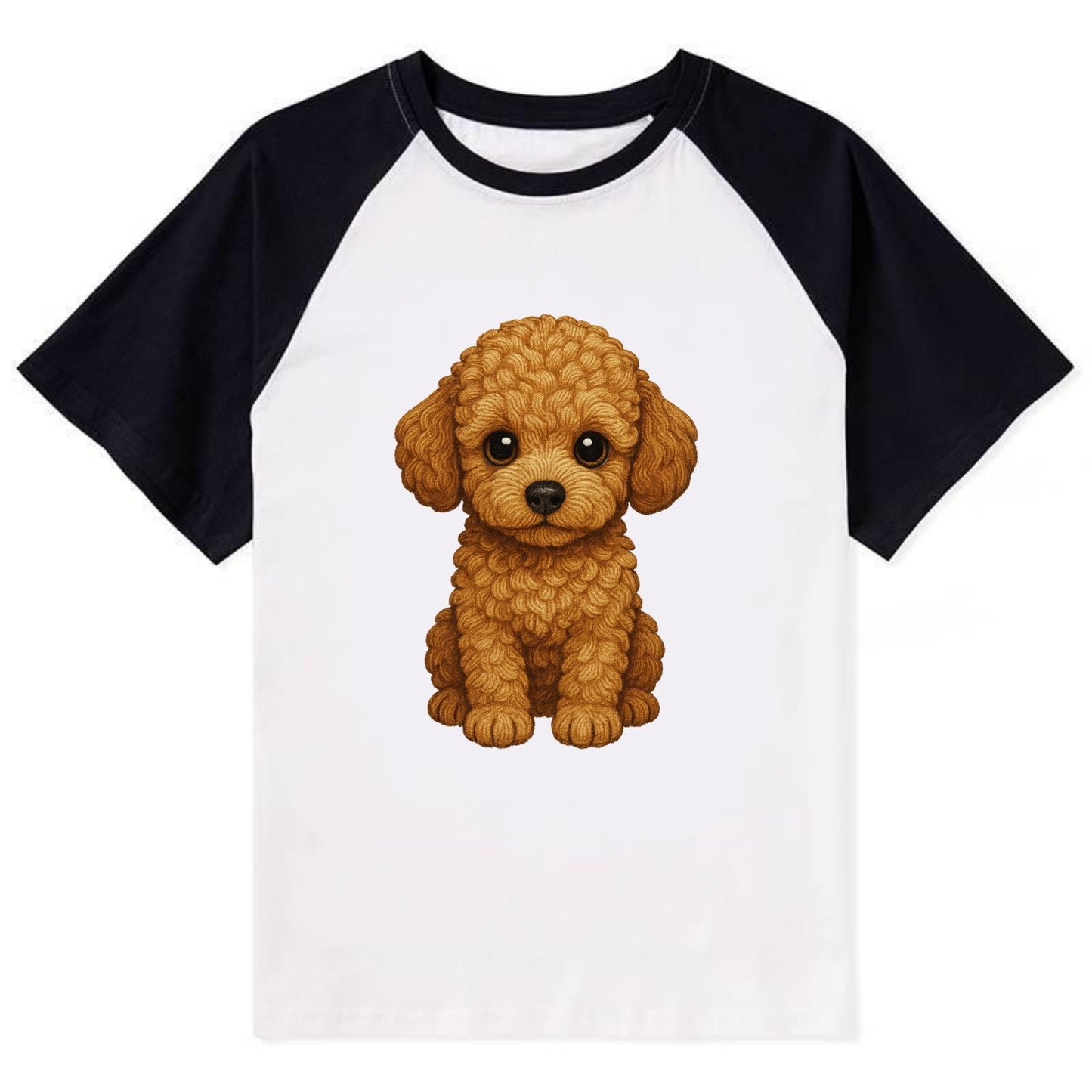 Baby Poodle Puppy - curly fluffy coat, intelligent eyes, elegant snout, - Contrast Raglan T-shirt - Black