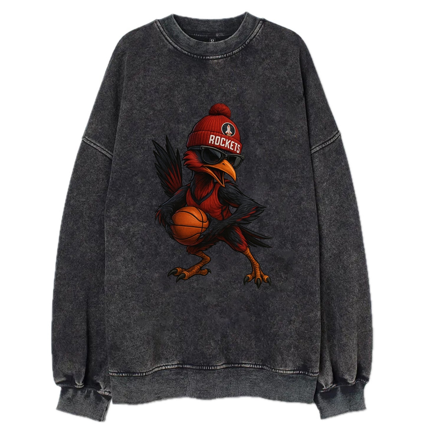Houston Roadrunner wearing Rockets beanie with launch pad patch and wayfarer - Vintage Sweatshirt - Black