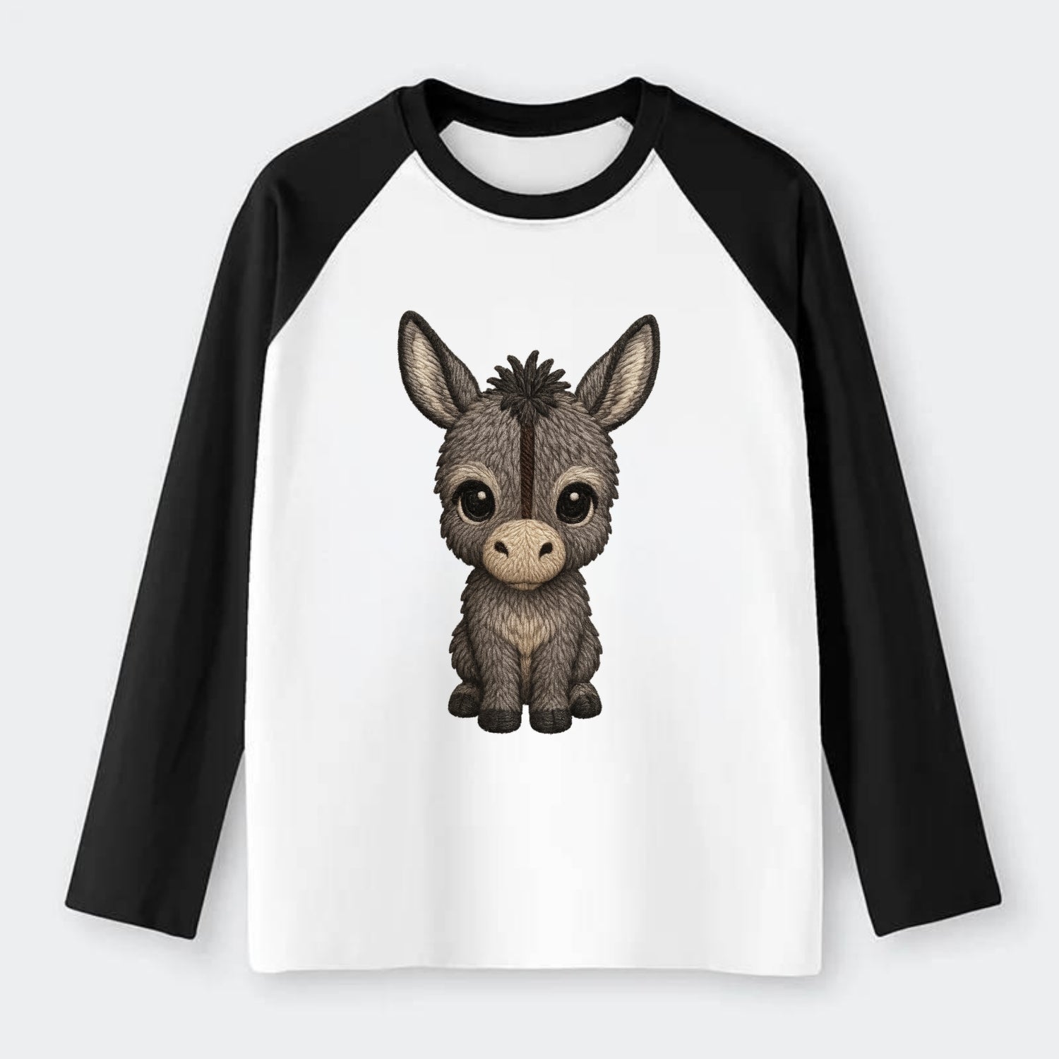 Baby Donkey Foal - gray fluffy, long ears, dark stripe, gentle eyes, - Raglan Long Sleeve T-Shirt - Black
