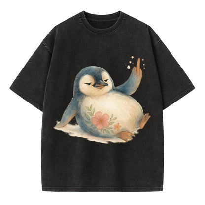 chubby penguin sliding on belly, one flipper up giving attitude - Vintage T-shirt - Black