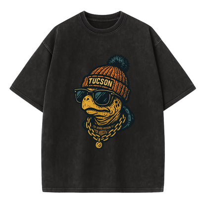 Tucson Desert Tortoise wearing Tucson beanie with pom pom and wayfarer sunglasses - Vintage T-shirt - Black