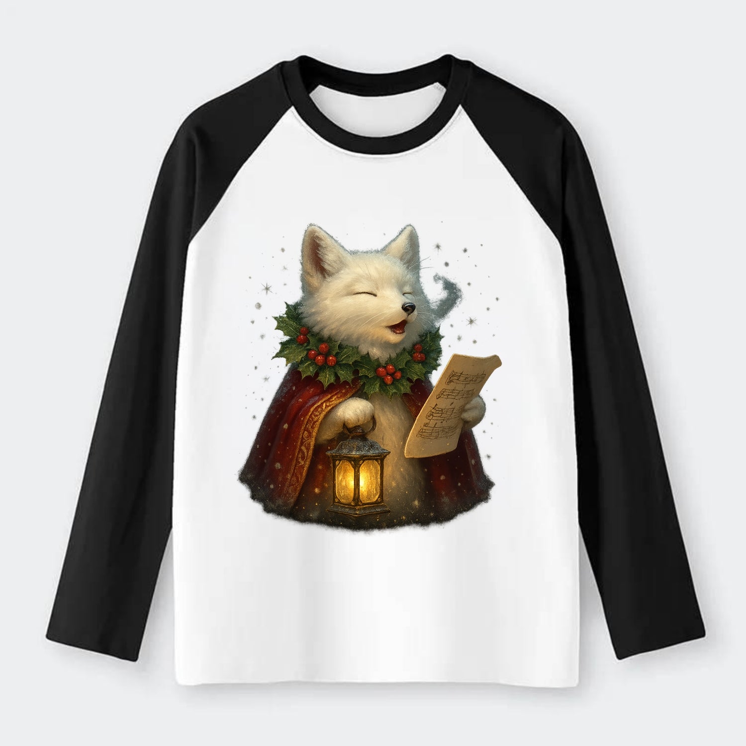 Snowbound Arctic Fox Caroler  - Raglan Long Sleeve T-Shirt - Black