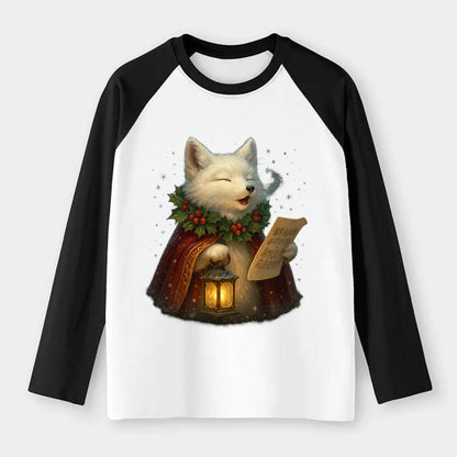 Snowbound Arctic Fox Caroler  - Raglan Long Sleeve T-Shirt - Black