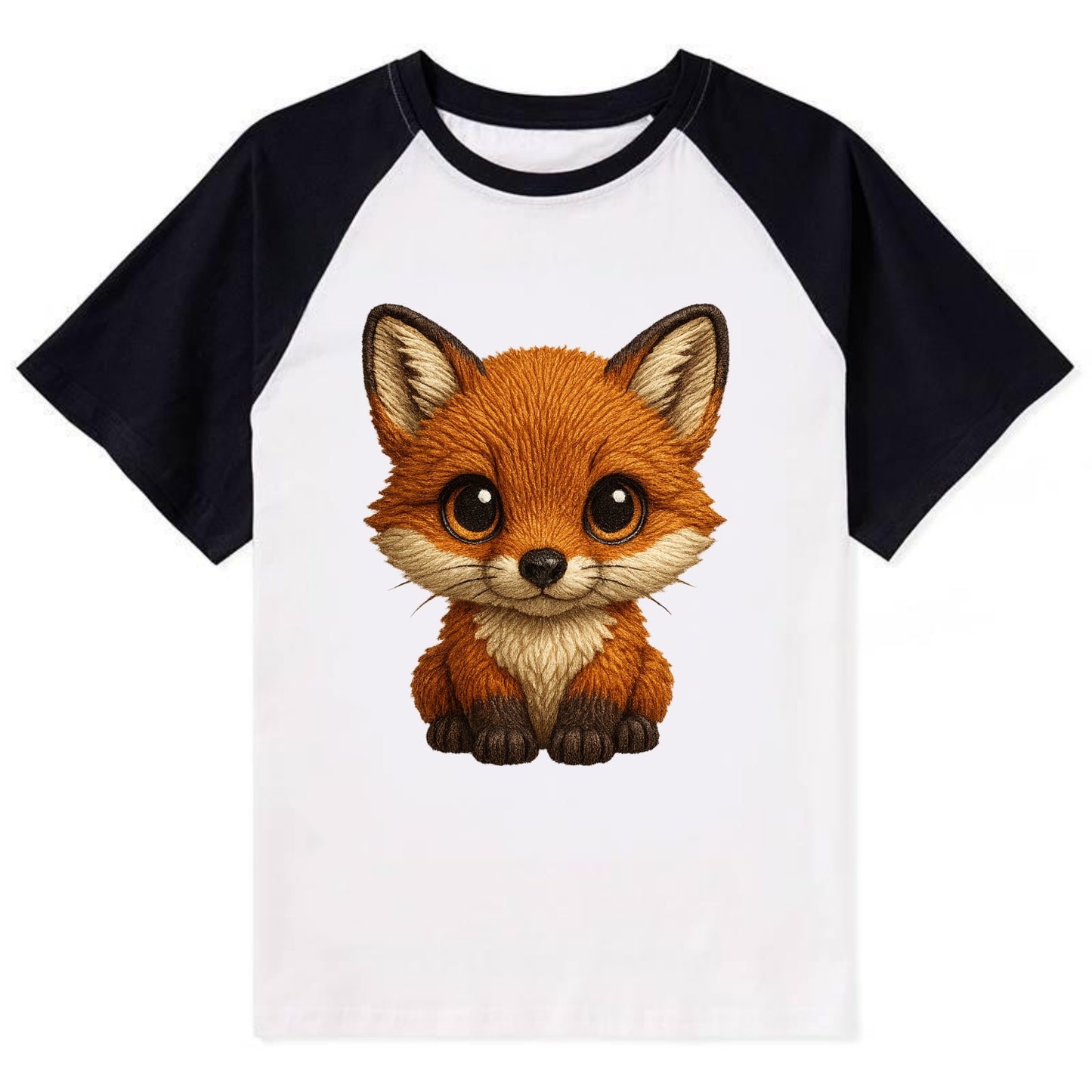 Baby Red Fox - russet fur, white chest, big amber eyes, perky ears, - Contrast Raglan T-shirt - Black