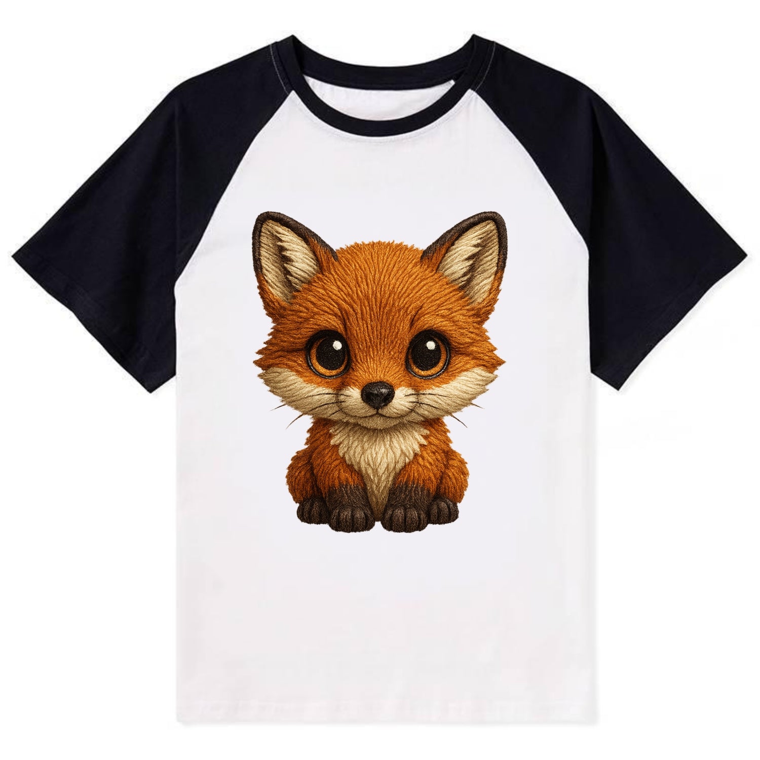 Baby Red Fox - russet fur, white chest, big amber eyes, perky ears, - Contrast Raglan T-shirt - Black