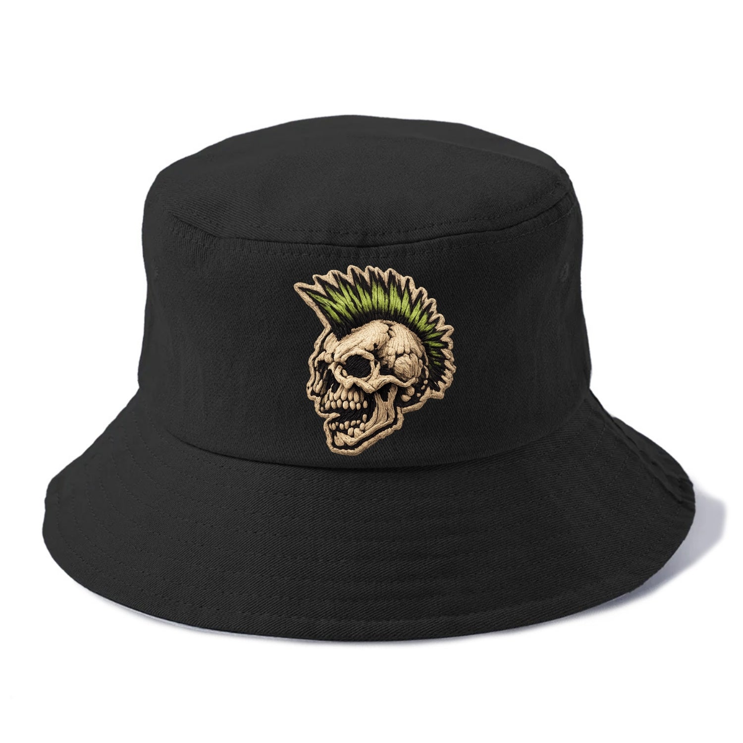 MOHAWK SKULL - punk skull with mohawk in neon green and black , punk rock - Bucket Hat - Black