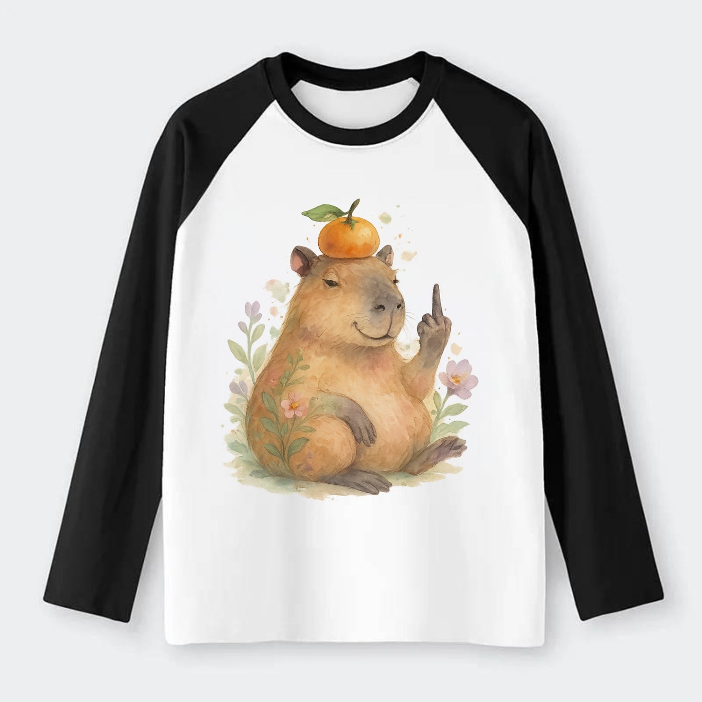 chonky capybara relaxing with orange on head, one webbed middle finger - Raglan Long Sleeve T-Shirt - Black