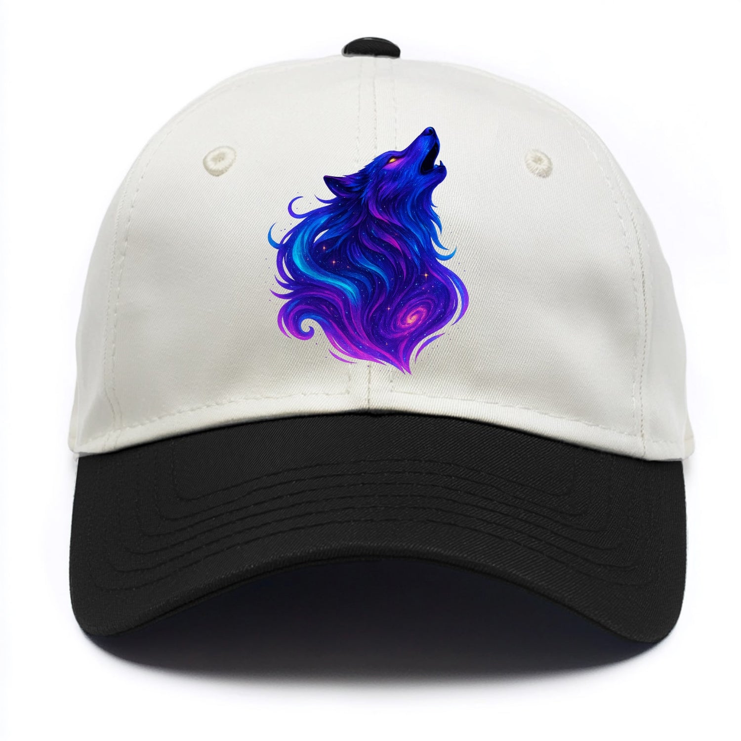 Noble wolf with flowing fur that transforms into aurora borealis streams, cyan and - Two Tone Cap - Black