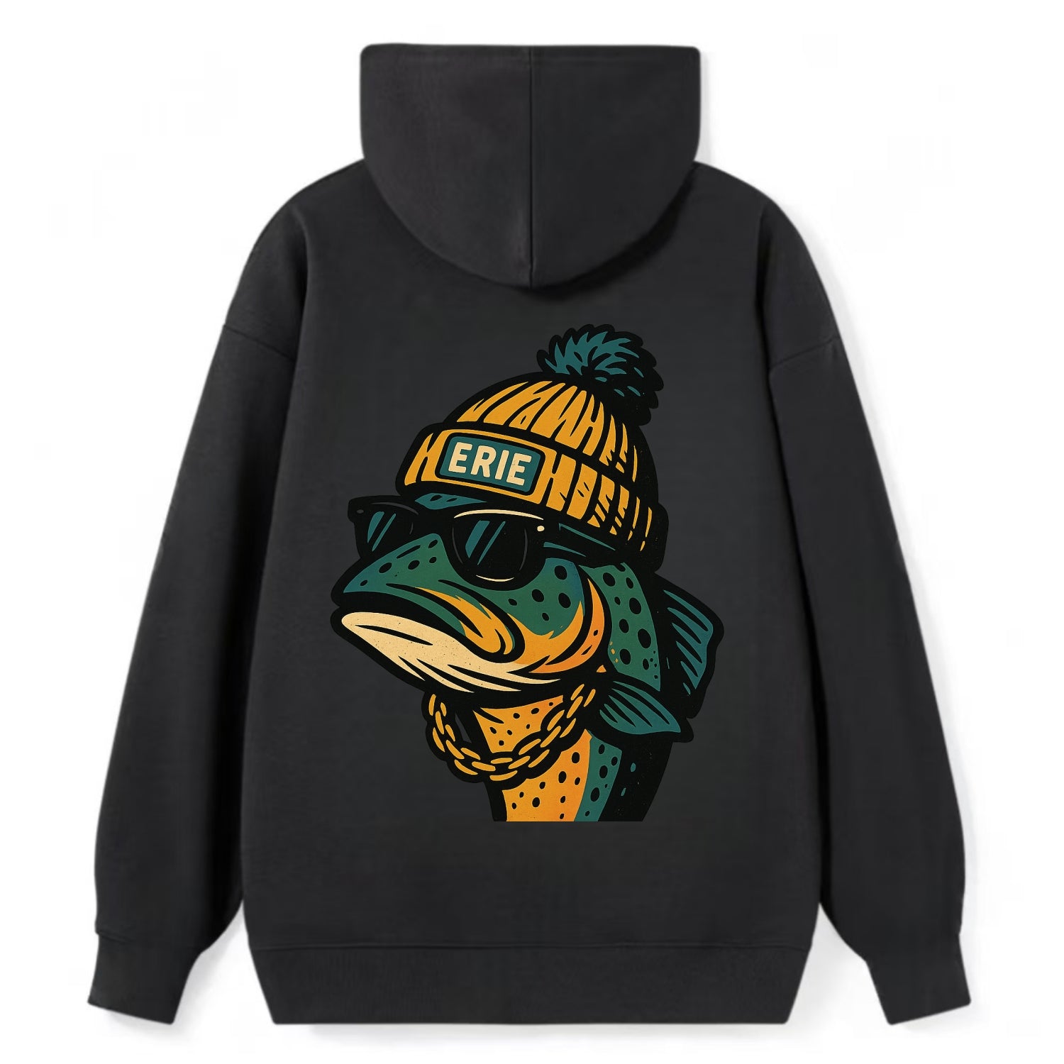 Erie Lake Trout wearing Erie beanie with pom pom and wayfarer sunglasses - Classic Pullover Hoodie - Black