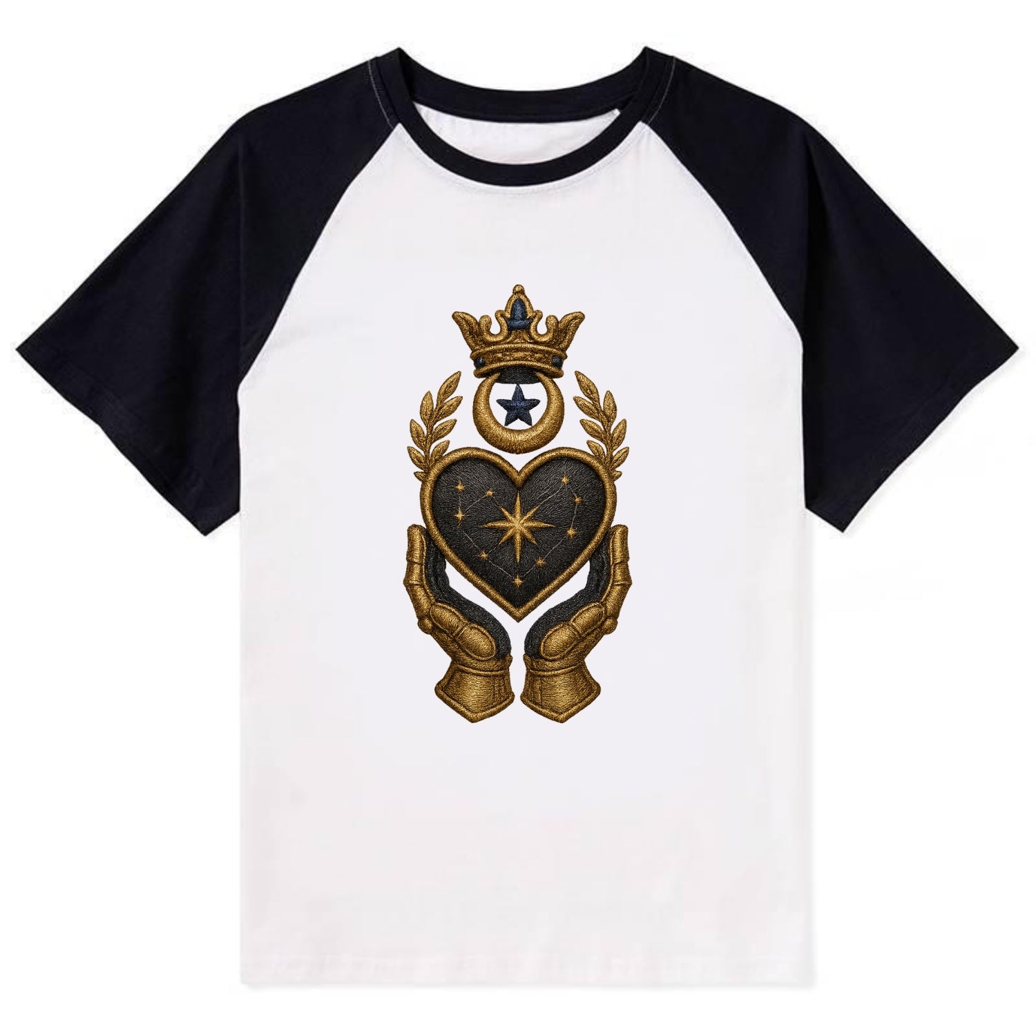 Crowned heart with Art Deco sunburst crown and geometric filigree hands - Contrast Raglan T-shirt - Black