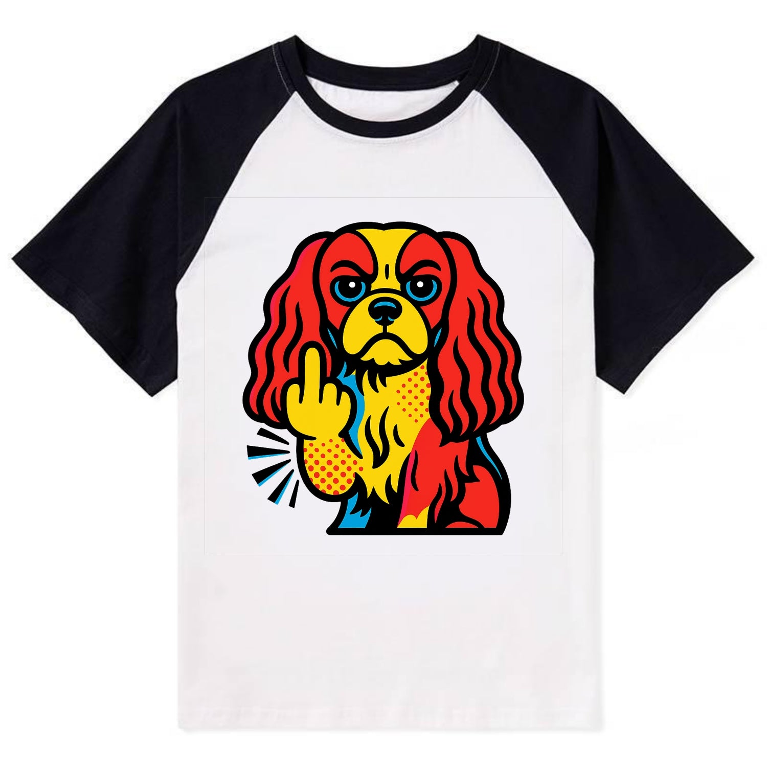 Cavalier King Charles Spaniel with long ears, regal paw giving finger - Contrast Raglan T-shirt - Black
