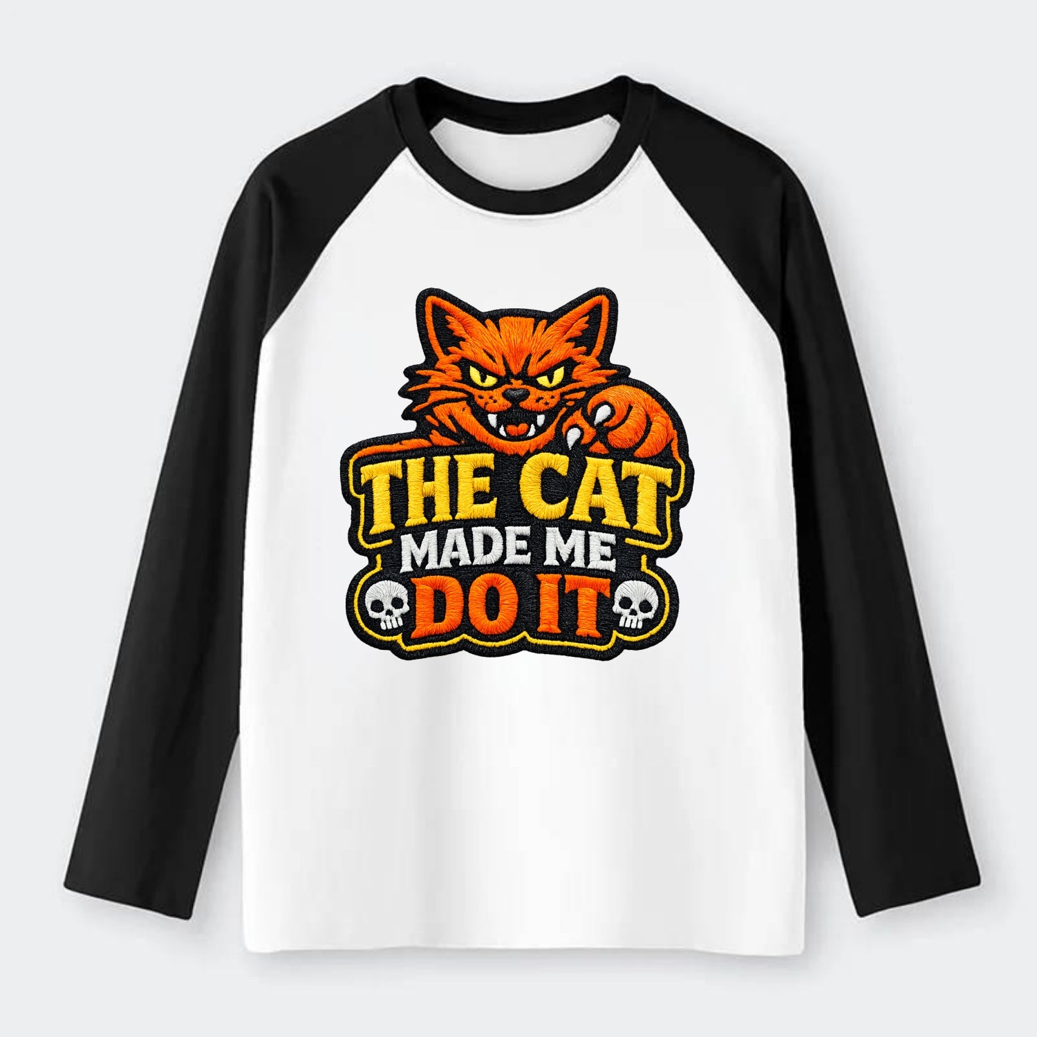 THE CAT MADE ME DO IT - mischievous cat in orange , blame the cat - Raglan Long Sleeve T-Shirt - Black