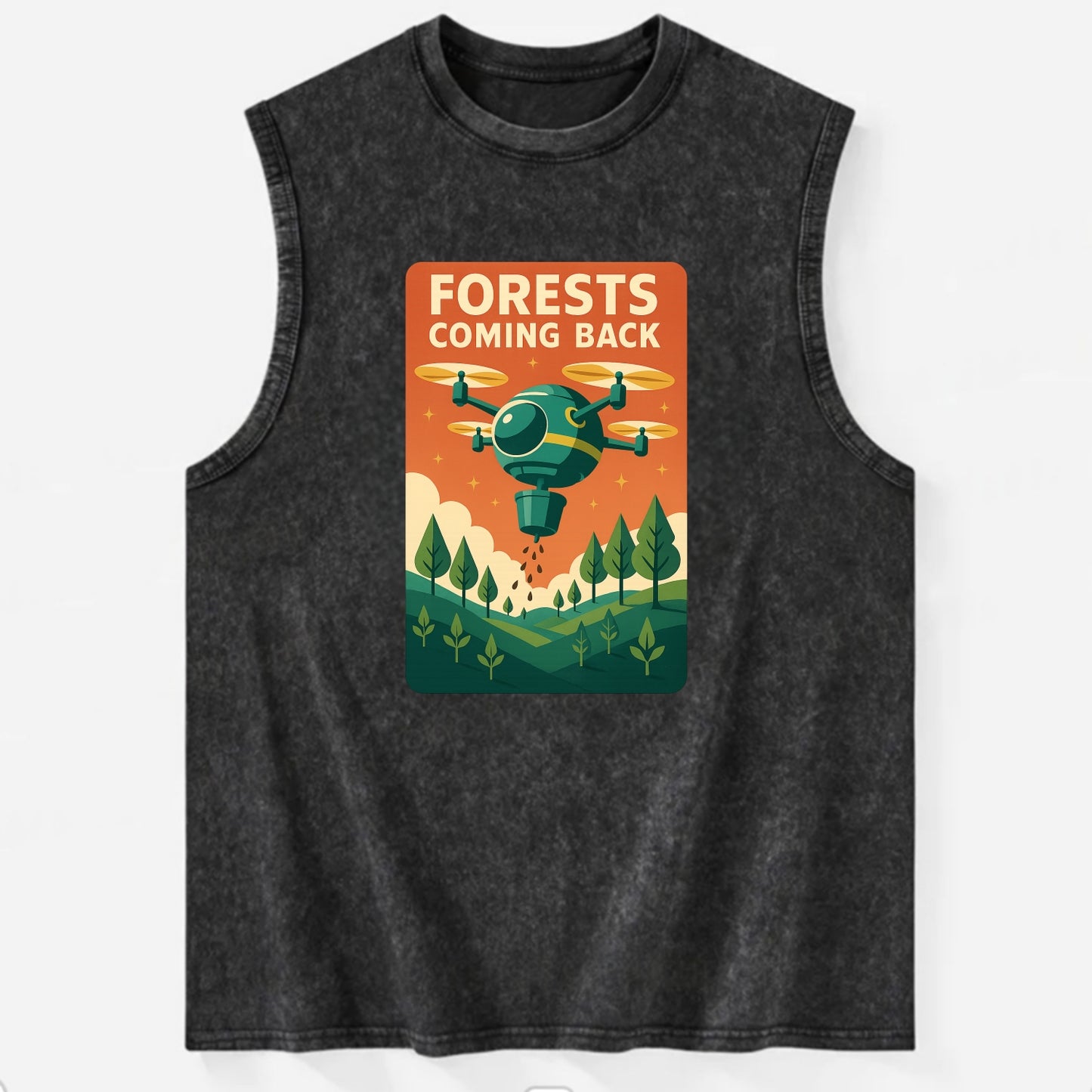 Reforestation drone planting millions of trees - "Forests Coming Back" - - Vintage Washed Tank - Black