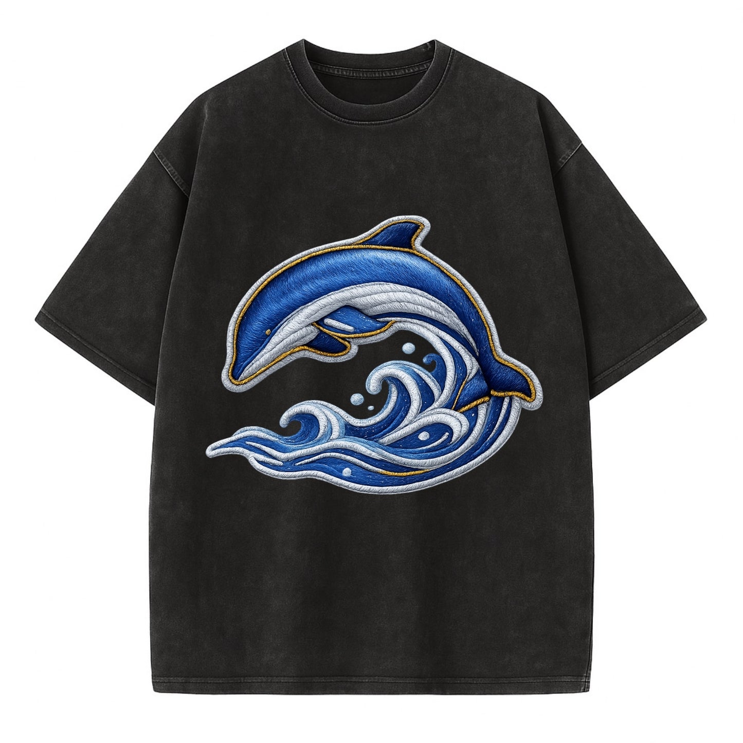 Embroidered patch design - SWIMMING DOLPHIN - diving dolphin with waves in blue - Vintage T-shirt - Black