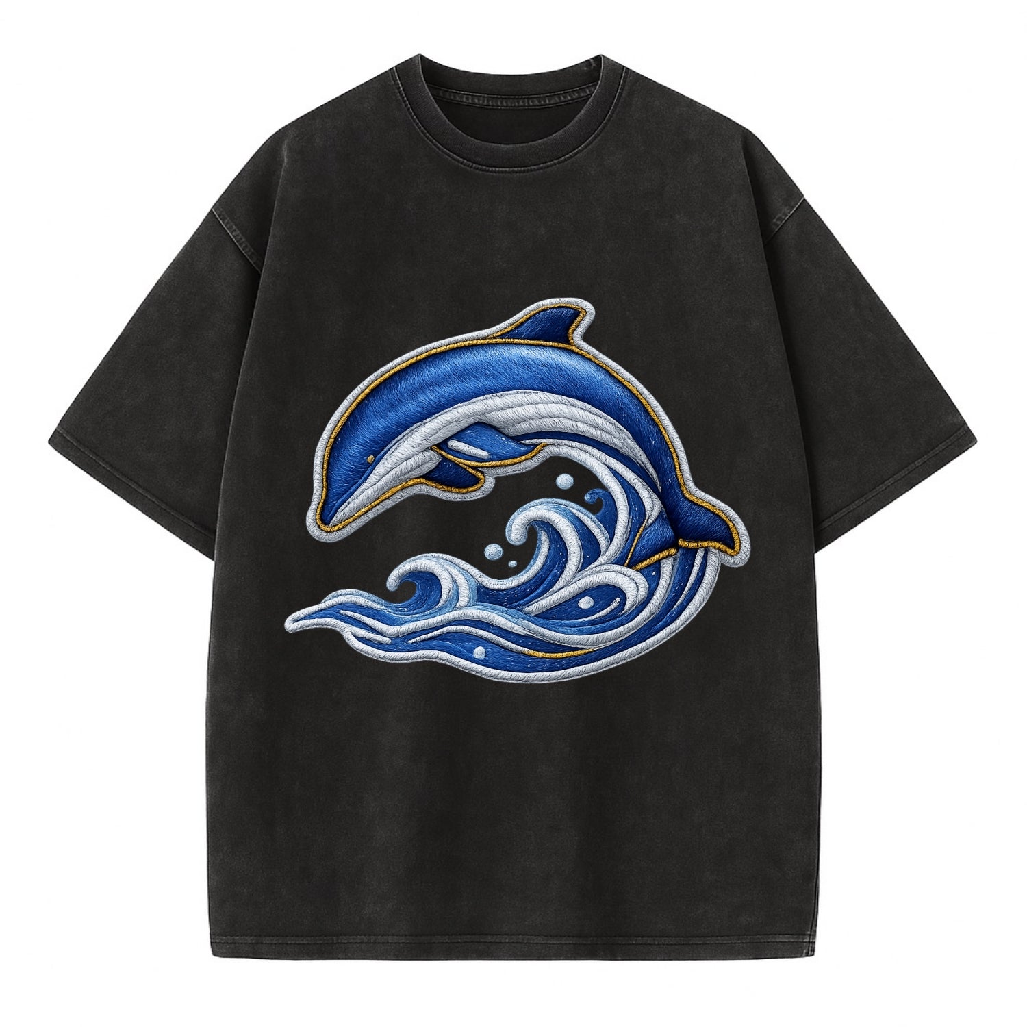 Embroidered patch design - SWIMMING DOLPHIN - diving dolphin with waves in blue - Vintage T-shirt - Black