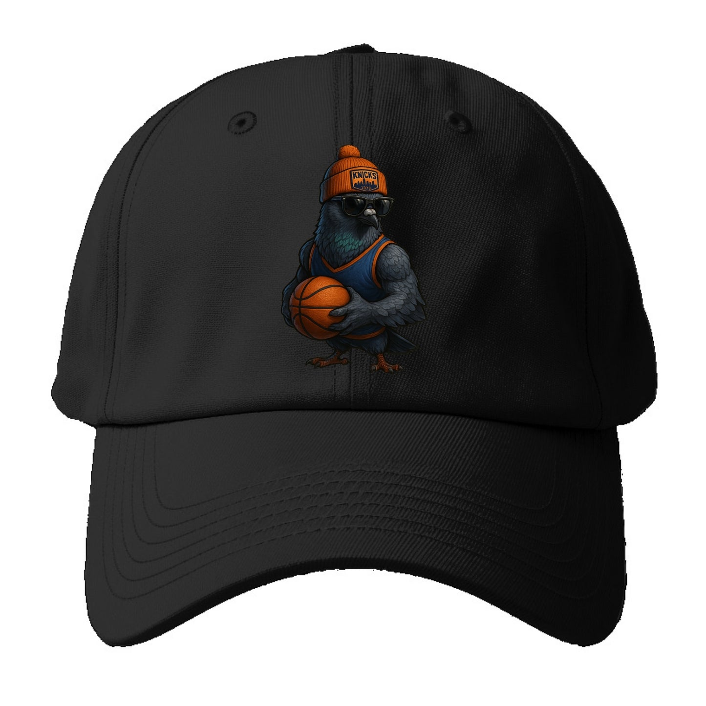 Manhattan Pigeon wearing Knicks beanie with skyline patch and wayfarer - Baseball Cap For Big Heads - Black