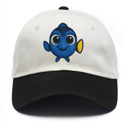 Baby Blue Tang - bright blue with yellow tail, big eyes, front-facing, Dory-style - Two Tone Cap - Black