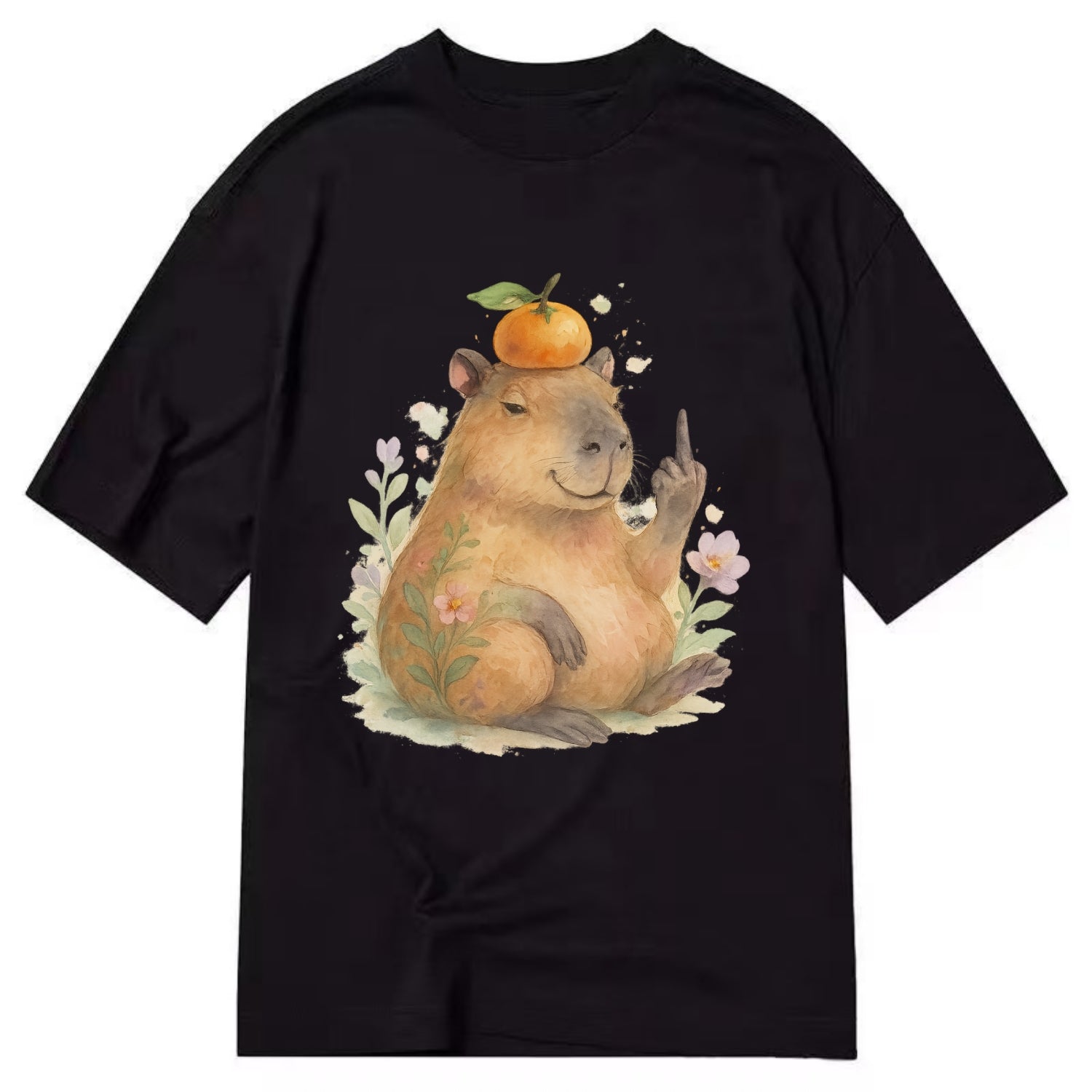 chonky capybara relaxing with orange on head, one webbed middle finger up - Classic T-shirt - Black