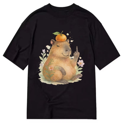 chonky capybara relaxing with orange on head, one webbed middle finger up - Classic T-shirt - Black