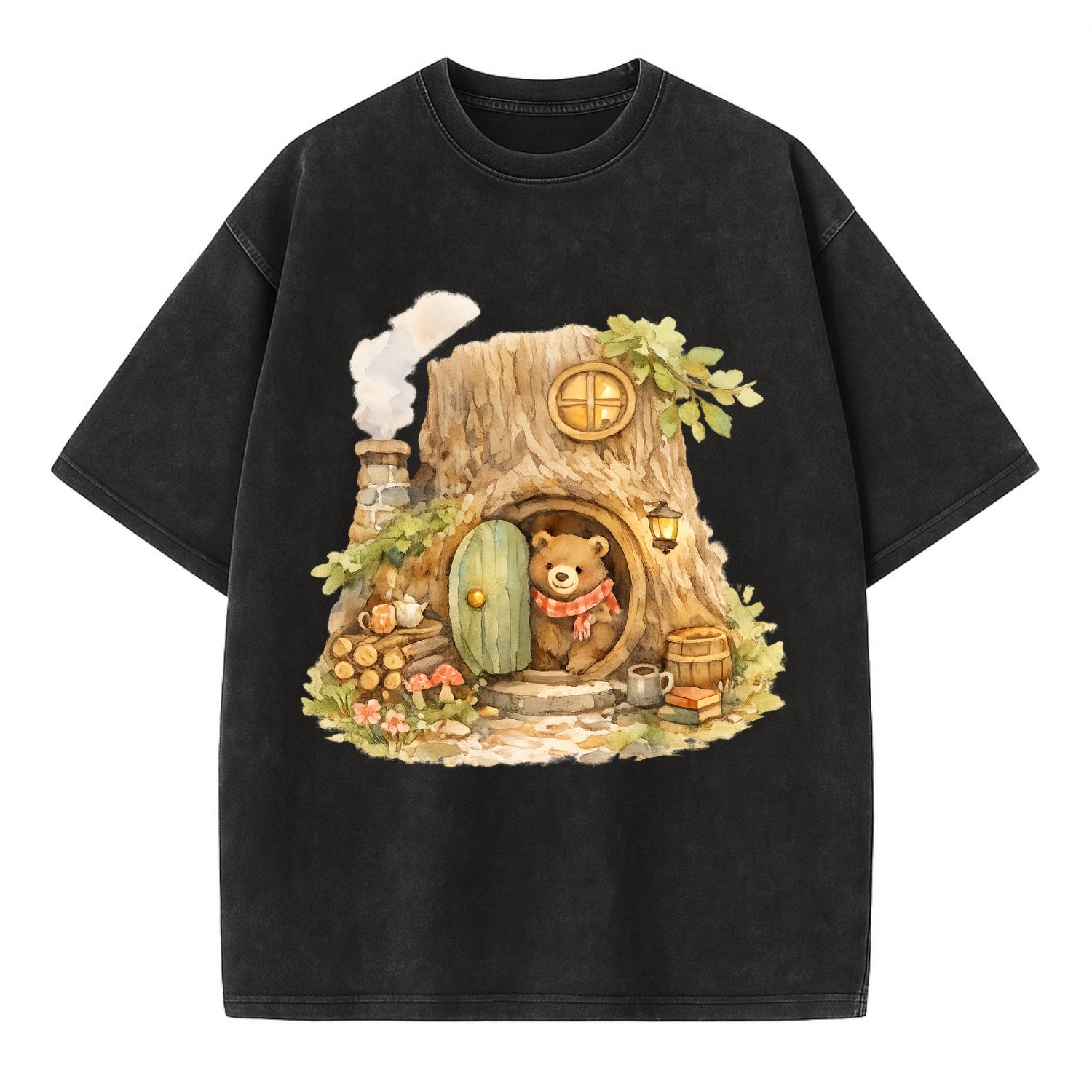 TREE HOME | Bear's home in hollow tree | Round door | Chimney smoke | Woodland - Vintage T-shirt - Black