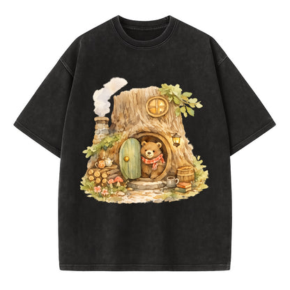 TREE HOME | Bear's home in hollow tree | Round door | Chimney smoke | Woodland - Vintage T-shirt - Black