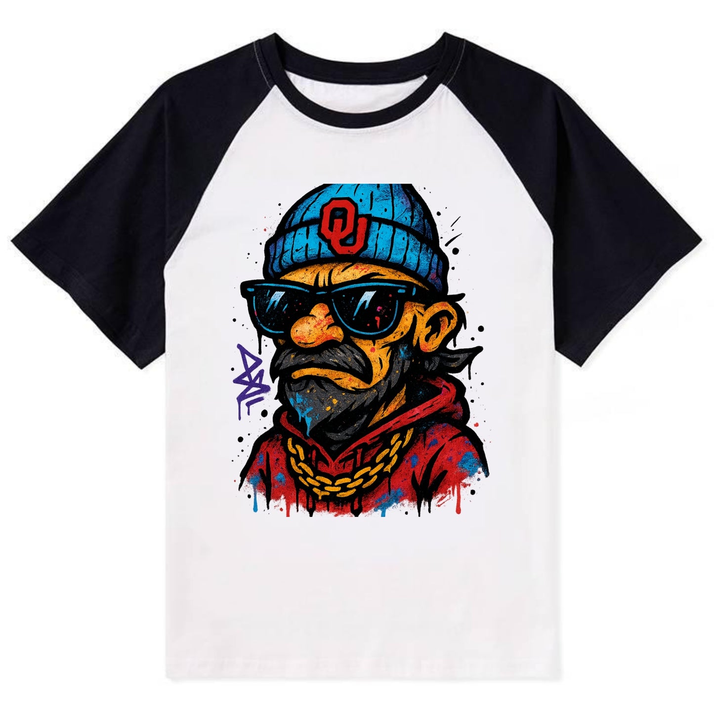 Norman Sooner wearing Oklahoma beanie with OU patch - Contrast Raglan T-shirt - Black