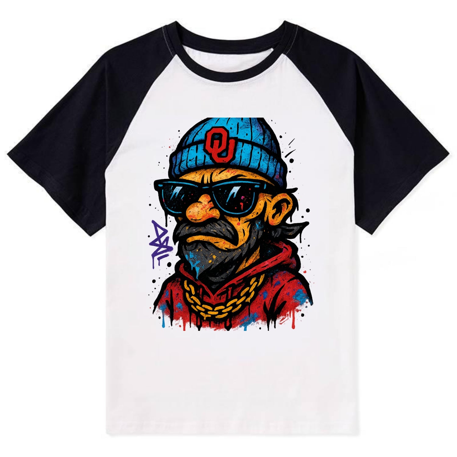 Norman Sooner wearing Oklahoma beanie with OU patch - Contrast Raglan T-shirt - Black